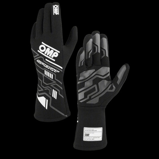 Black racing gloves with gray accents and OMP branding on a gray background