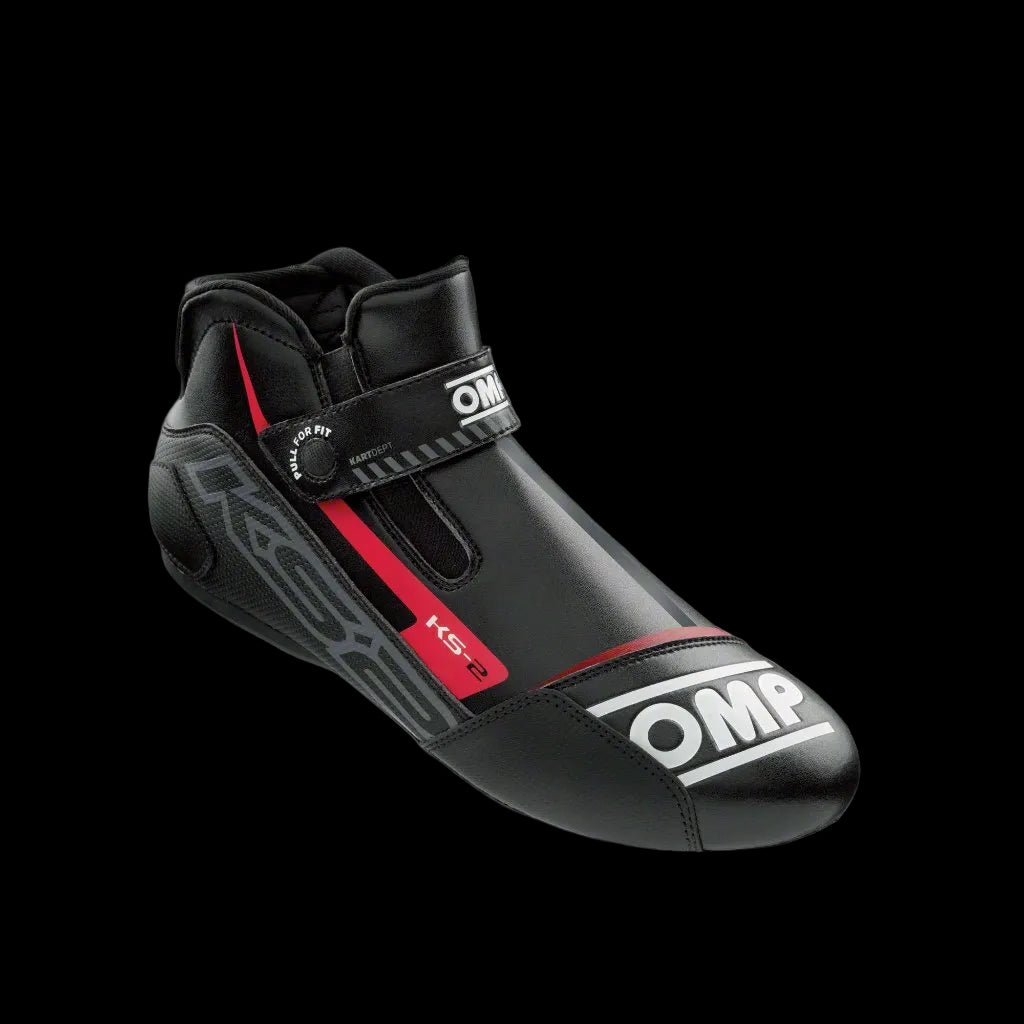 A black OMP KS-2 'ART' Kart Boot with red and white accents and the OMP logo visible.