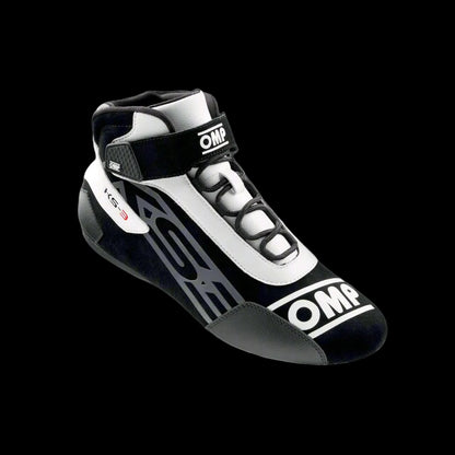 A single OMP KS-3 Kart Boot featuring black and white colors with mesh inserts and branded with OMP logo.