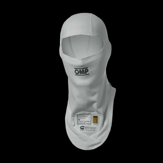 A white OMP 'ONE EVO' circuit racing balaclava with the brand logo visible on the fabric.