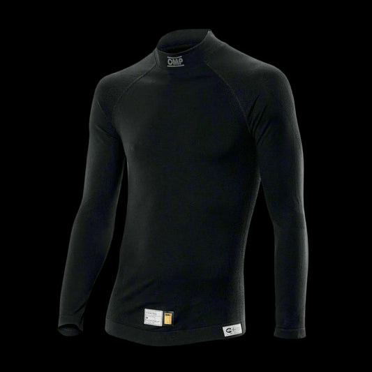 AN OMP long-sleeved black underwear top with a high neck, designed for circuit racing, with a visible brand tag on the bottom.