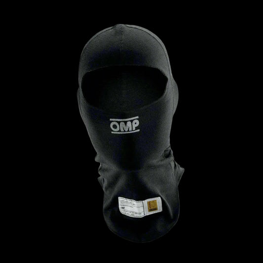 Black OMP 'TECNICA EVO' circuit racing balaclava with the brand logo visible on the fabric.