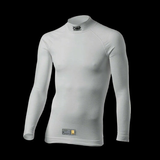 AN OMP white long-sleeved crew-neck racing underwear top with anti-rubbing seams and 3D knitting inserts for cooling.