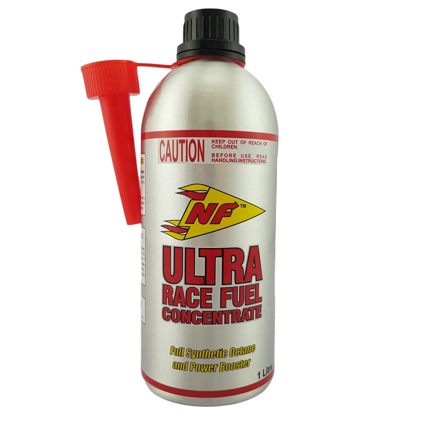 An NF Ultra Race Fuel Concentrate can with a red spray nozzle attached, featuring a silver body and a black cap on a white background.