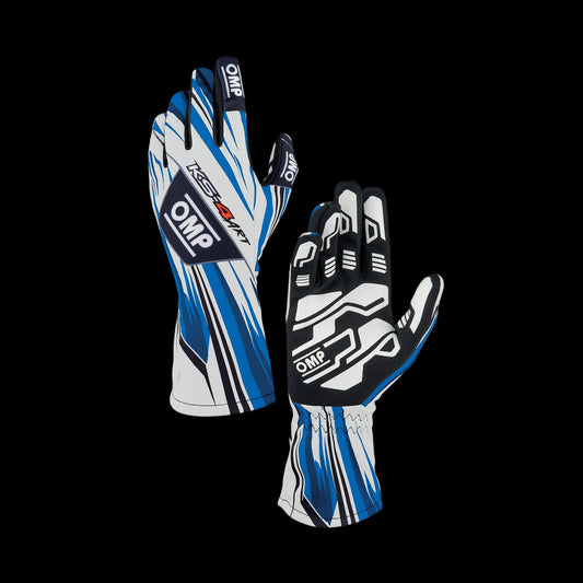 Pair of racing gloves with blue, white, and black design on a white background