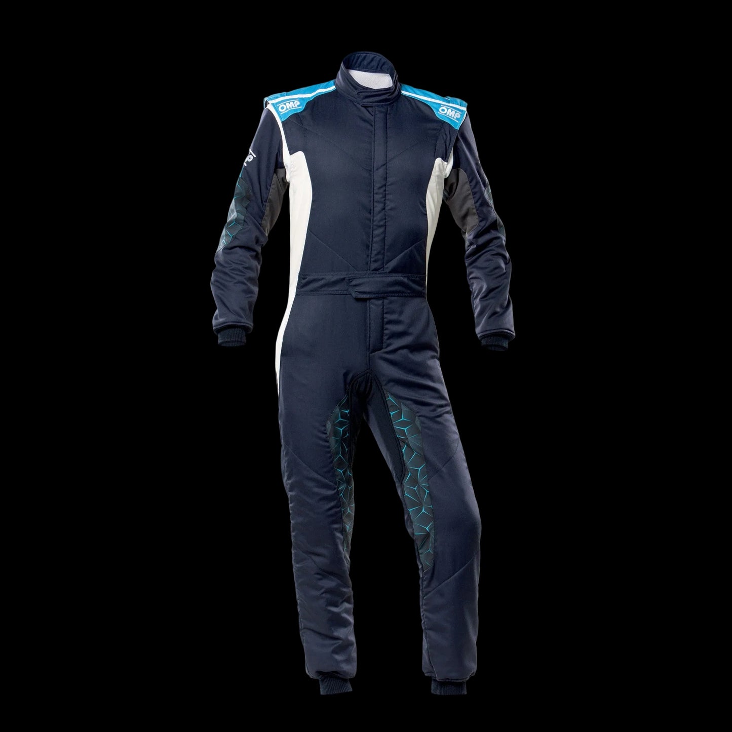 OMP TECNICA Hybrid Circuit Race Suit - Navy Blue/Cyan (Sizes 44-64) FIA 8856-2018
