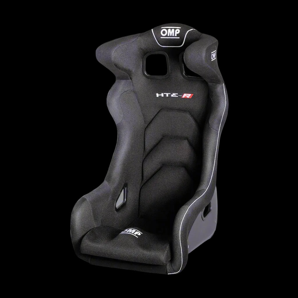 Black racing seat with OMP branding on a gray background