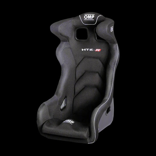 Black racing seat with OMP branding on a gray background