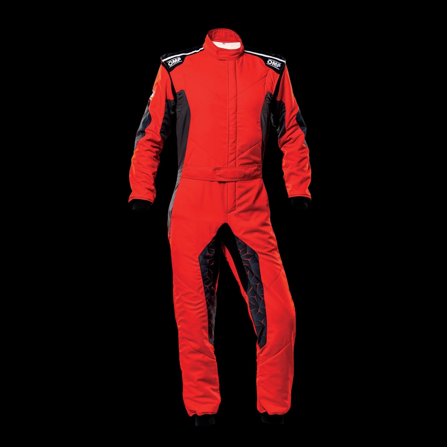OMP Red and black racing suit on a white background