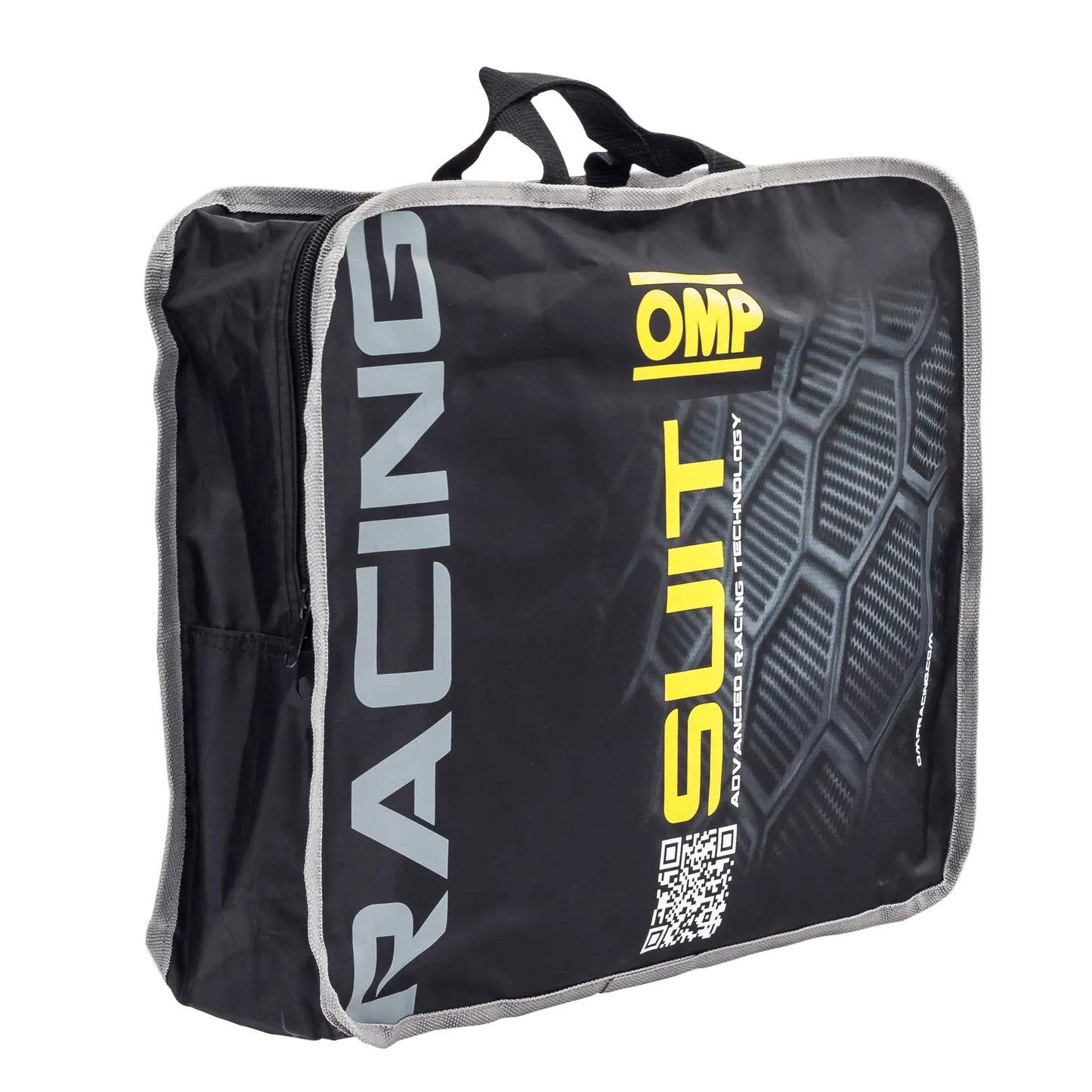 Black and gray racing suit bag with 'OMP' branding on a white background