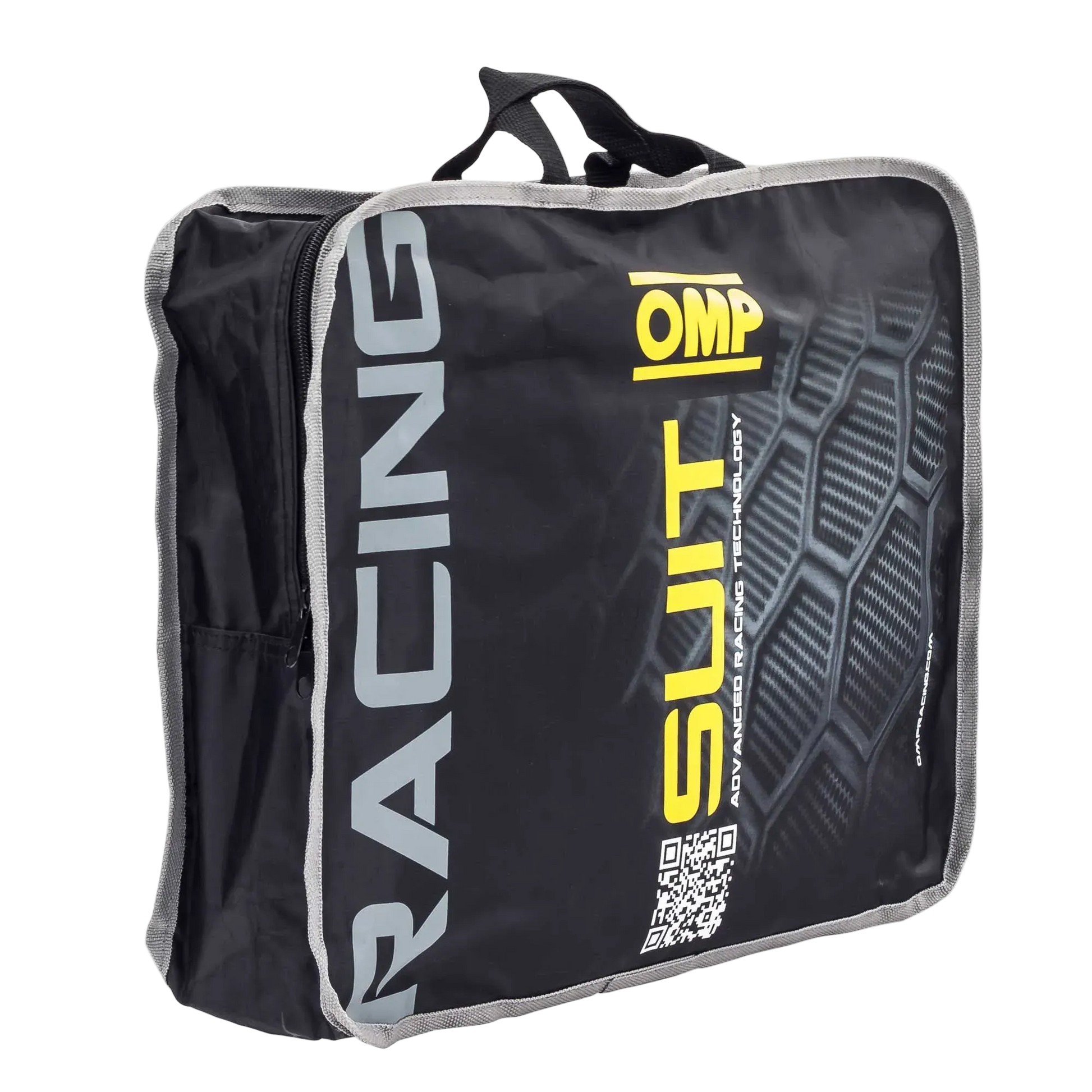 Black and gray racing suit bag with 'OMP' branding on a white background