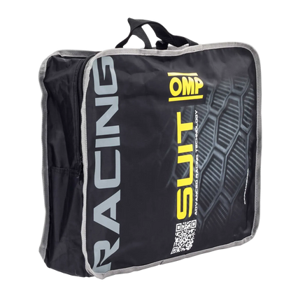 Black and gray racing suit bag with 'OMP' branding on a white background