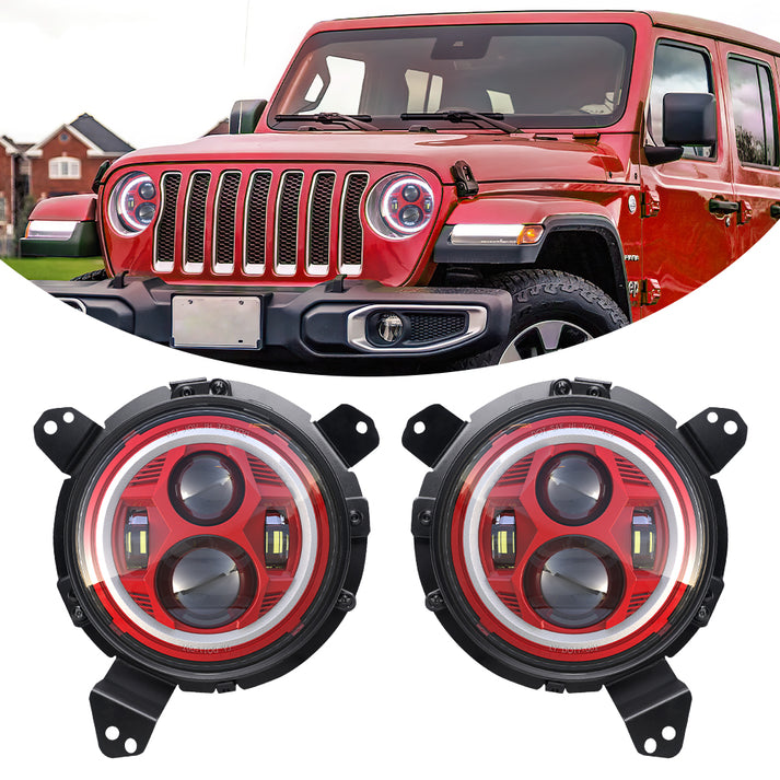 Headlights 'RED Avenger' LED DRL Halo for Wrangler JK JKU TJ (pair)