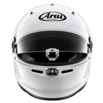 A white Arai full-face racing helmet with a black visor and a clear chin strap buckle, shown from a front-facing perspective on a white background.