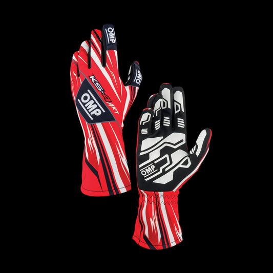 Red and black racing gloves with OMP branding on a white background