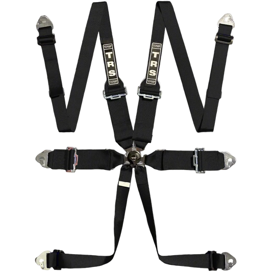 A black 6-point 'ATS Magnum' race harness with FIA homologation labels, featuring shoulder and lap straps, adjusters, and a quick-release buckle.