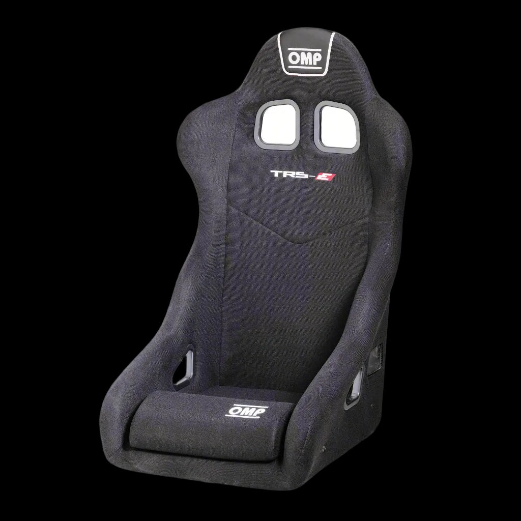 Black OMP TRS Racing Seat with shoulder harness slots and side bolsters, upholstered in jacquard velour, fitted with a tubular steel frame.