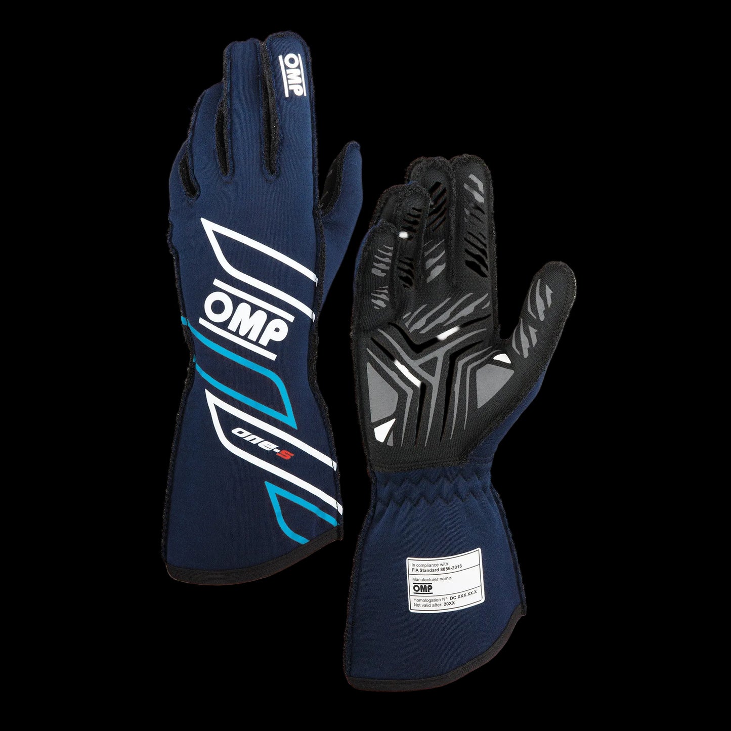 OMP 'ONE-S' Circuit Racing Gloves - NAVY BLUE / CYAN (FIA 8856-2018)