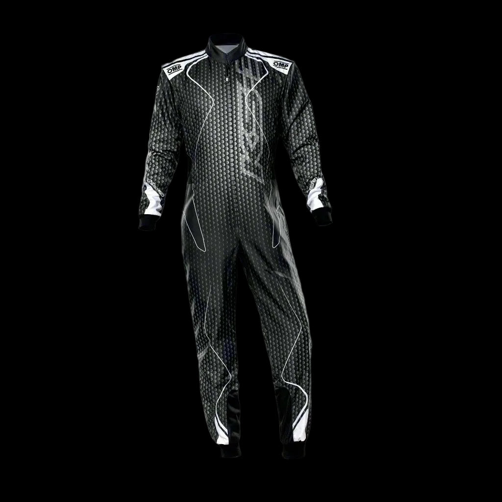A 'OMP KS-3R ART' kart suit in black and silver for adults, displayed against a grey background.