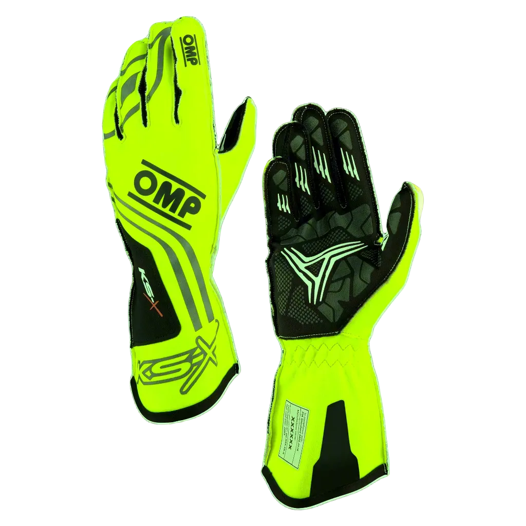 A pair of OMP 'KS-X' Kart Racing Gloves in black and yellow color with silicon rubber palm for grip and elastic band on wrist for fit.