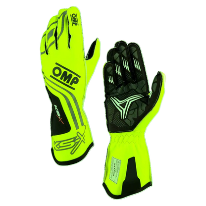 A pair of OMP 'KS-X' Kart Racing Gloves in black and yellow color with silicon rubber palm for grip and elastic band on wrist for fit.