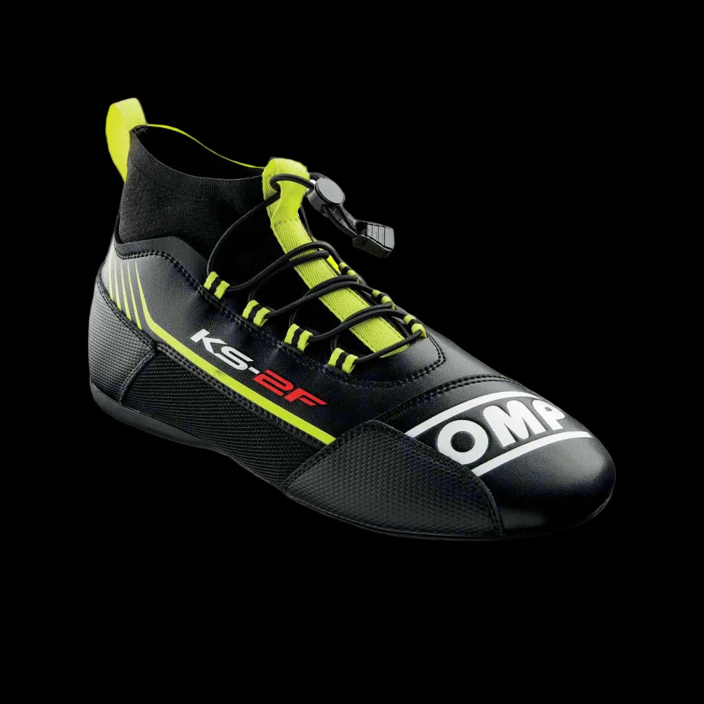 OMP KS-2F Kart Boot in black with fluro yellow accents, featuring a lace-up closure and branding on the side.