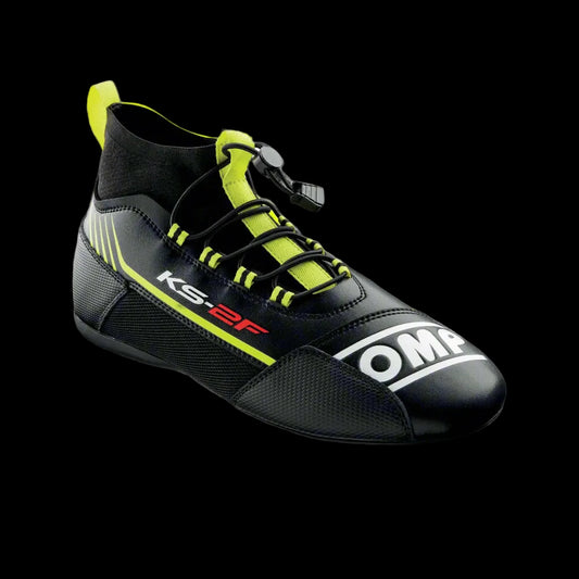 OMP KS-2F Kart Boot in black with fluro yellow accents, featuring a lace-up closure and branding on the side.