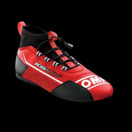 A red OMP KS-2F kart boot with black accents and white laces, featuring the OMP logo.