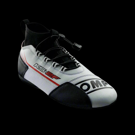 A pair of OMP 'KS-2F' Kart Racing Boots in black, featuring a lace-up front, ankle socks, and technical reinforcements.