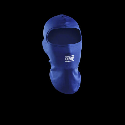 Blue balaclava with OMP logo on a gray background