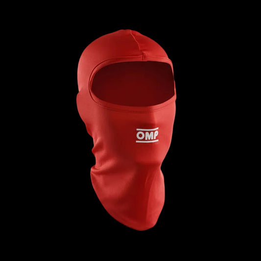 Red balaclava with OMP logo on a white background