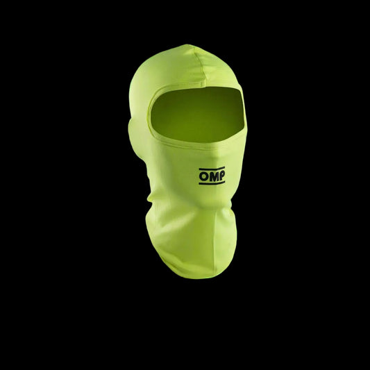 Yellow balaclava with OMP logo on a white background
