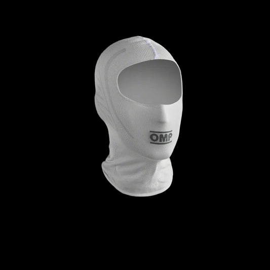 White balaclava with OMP logo on a gray background