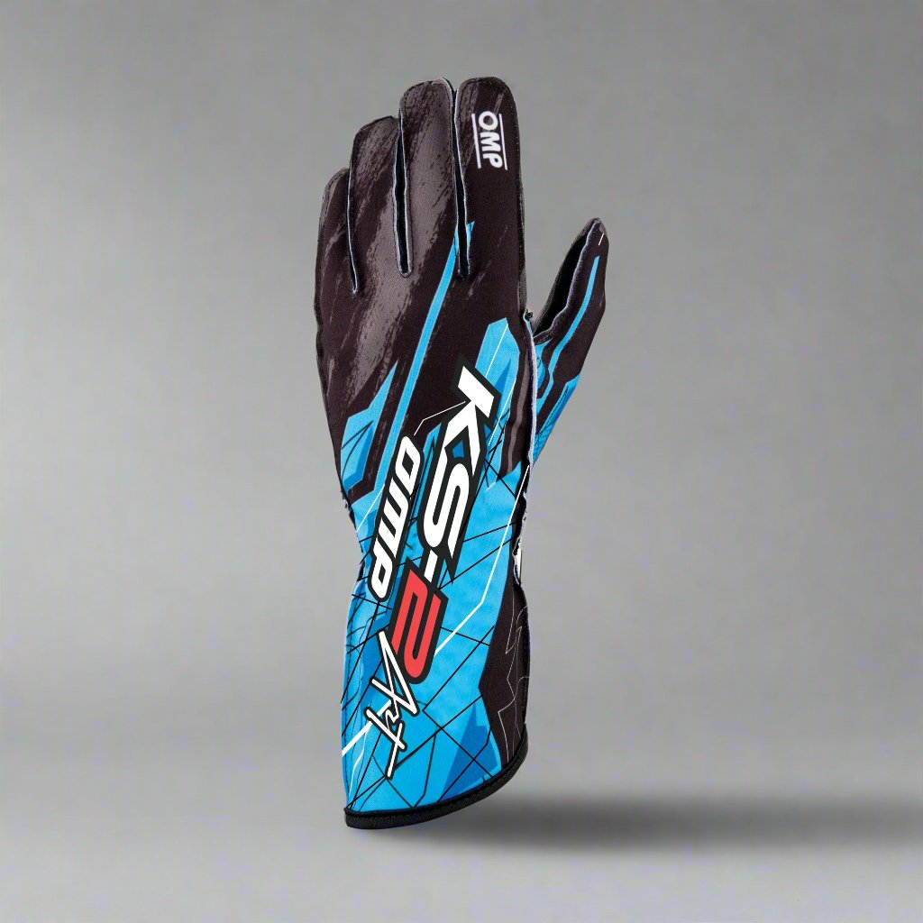 OMP KS-2 'ART' Kart Gloves - Black / Fluro Cyan (KIDS Sizes 4-6)