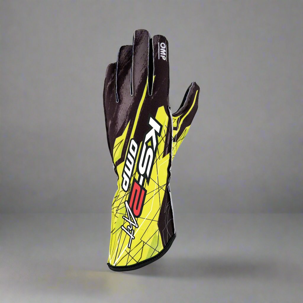 OMP KS-2 'ART' Kart Gloves - Black / Fluro Yellow (KIDS Sizes 4-6)