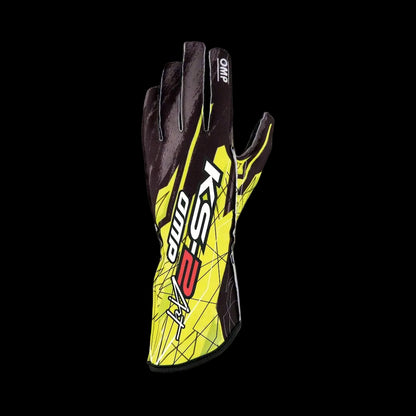 OMP KS-2 'ART' Kart Gloves - Black / Fluro Yellow (Kids to Adult Sizes 5XS-XL)