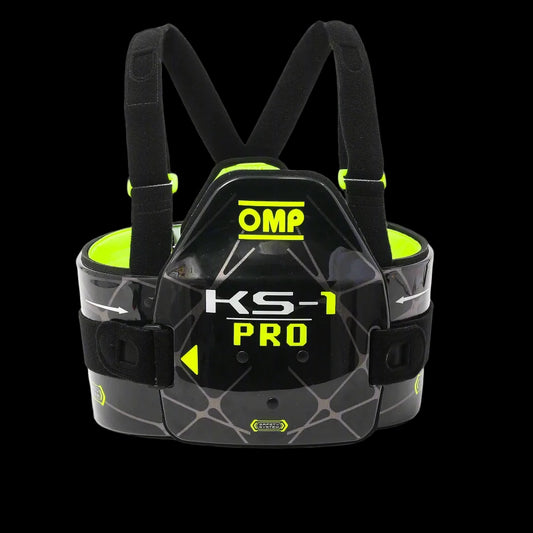 OMP KS-1 PRO rib protection harness for karting, featuring black and fluo yellow colors with adjustable shoulder straps and a shaped front shield.