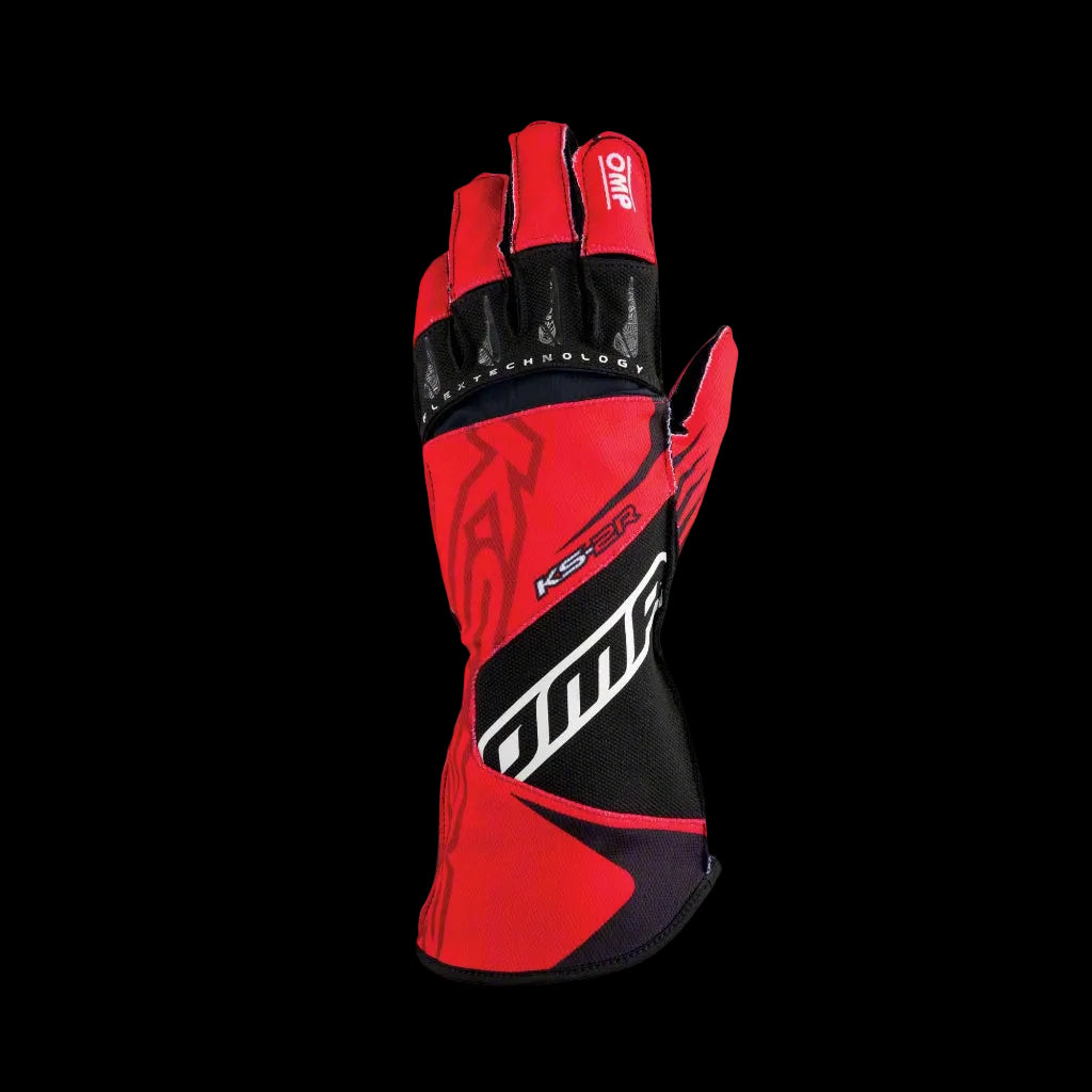 A single red and black karting glove with silicon rubber palm for grip and breathable mesh fabric inserts, featuring the OMP brand logo.