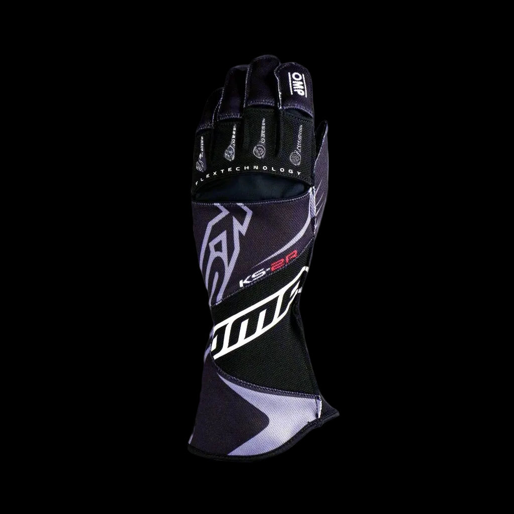 A pair of OMP KS-2R Kart Gloves with silicon rubber palm for grip, mesh fabric inserts, and elastic wrist band.