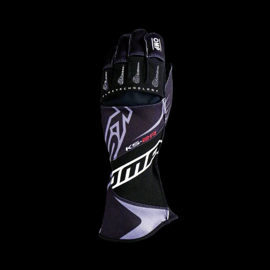 A pair of OMP KS-2R Kart Gloves with silicon rubber palm for grip, mesh fabric inserts, and elastic wrist band.