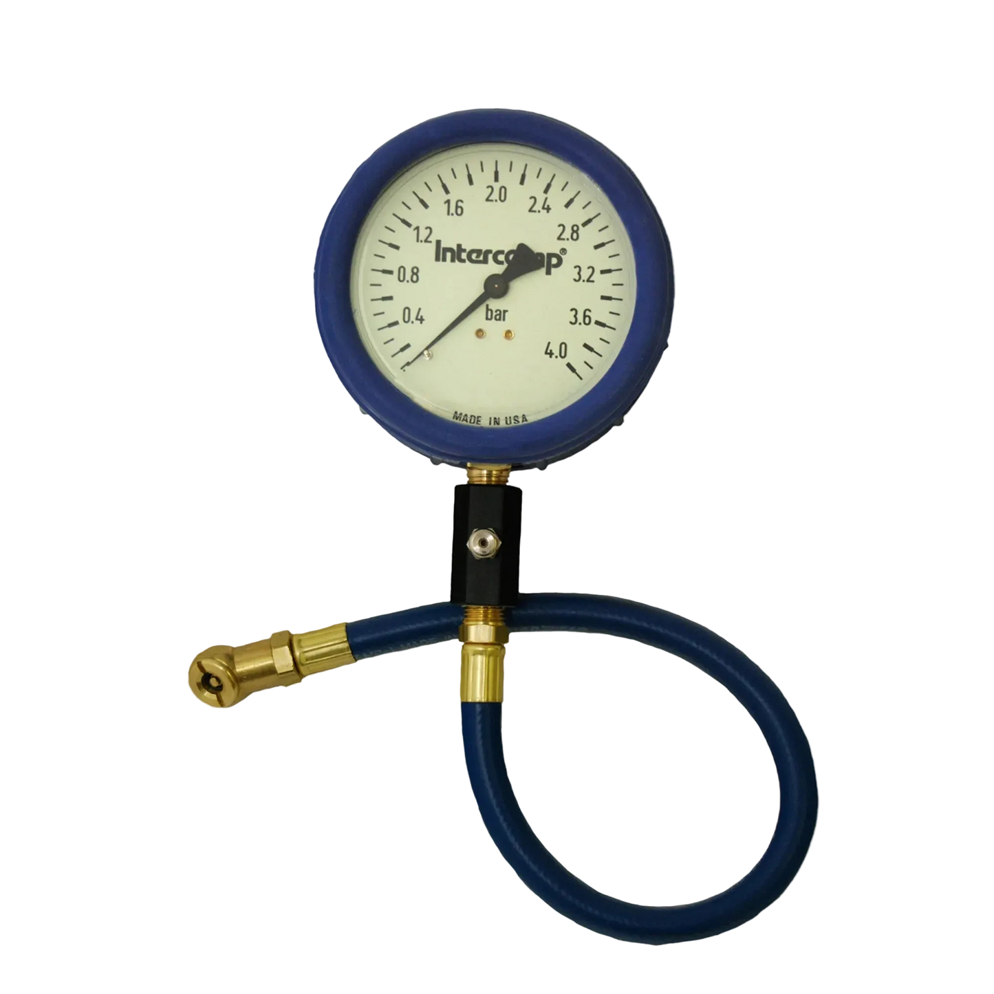 Tire pressure gauge with blue hose and intercom logo on a white background
