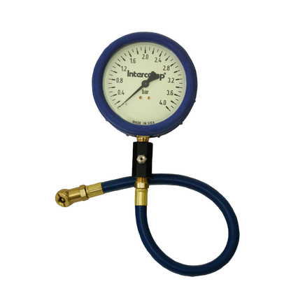 Tire pressure gauge with blue hose and intercom logo on a white background