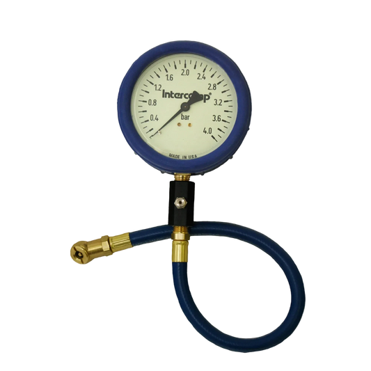 Tire pressure gauge with blue hose and intercom logo on a white background