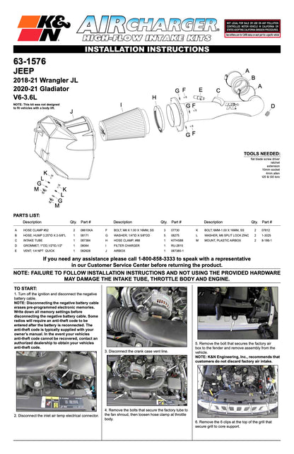 K&N PERFORMANCE AIR INTAKE / INDUCTION SYSTEM for JEEP Wrangler JL and Gladiator 2018+ 3.6L (63-1576)