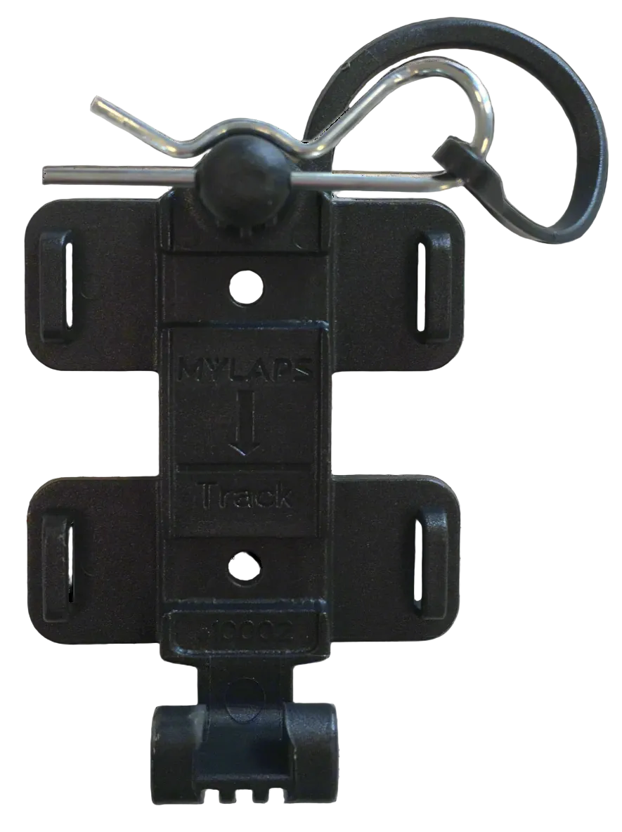 A black MYLAPS transponder holder and clip for mounting transponders to vehicles.