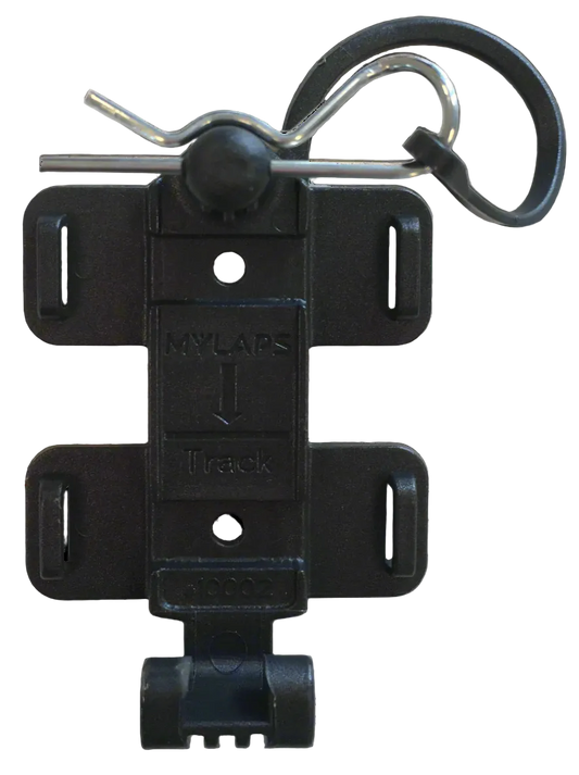 A black MYLAPS transponder holder and clip for mounting transponders to vehicles.