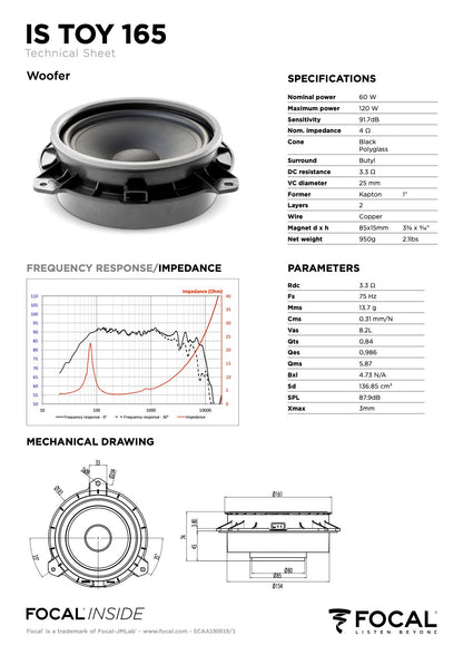 Focal IS TOY 165 TWU 2-Way Component Speaker Upgrade Kit for Hilux (without Factory Tweeters)