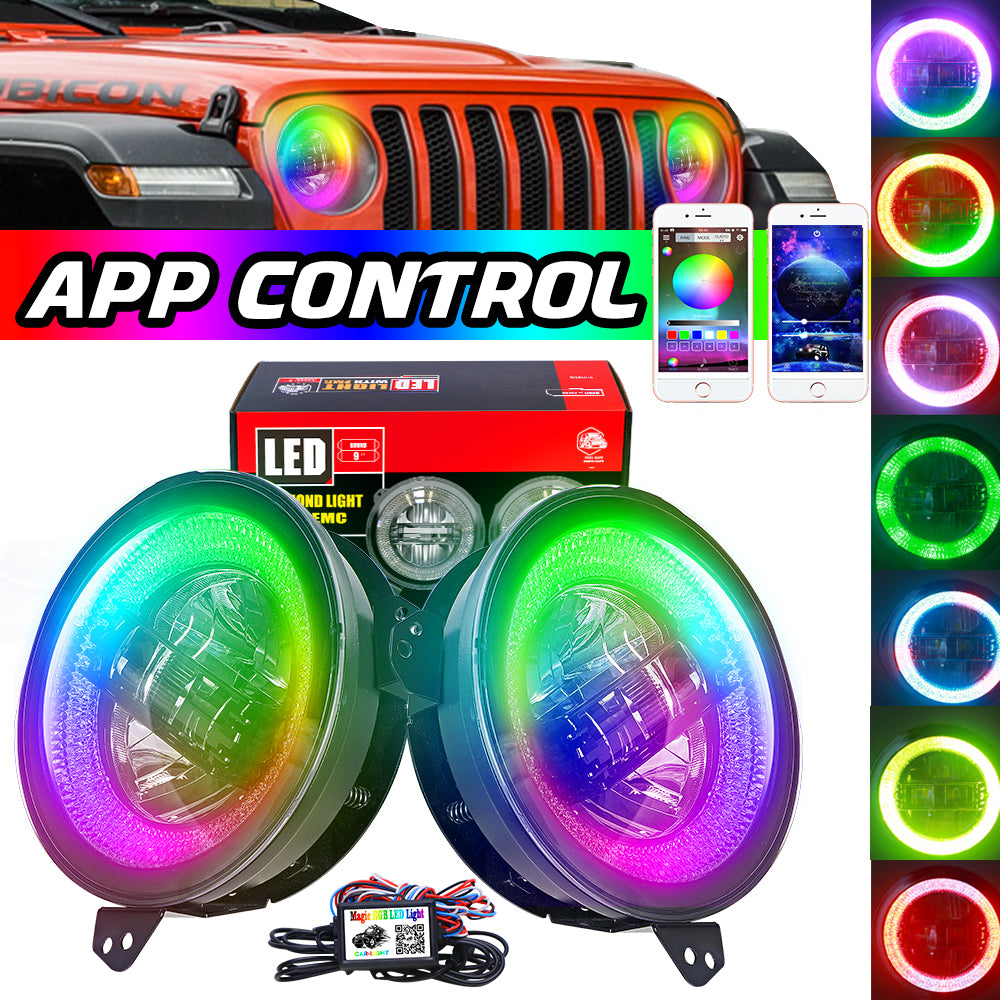 Headlights "9" RGB 'DIAMOND' for Wrangler JL / JLU with DRL (App Controlled) A+ LED