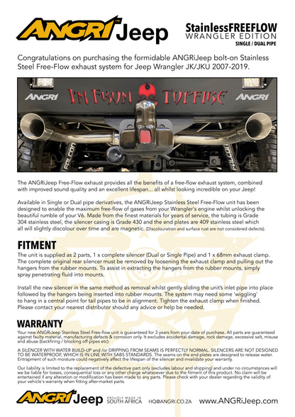 Free-Flow Stainless Steel Dual Pipe Exhaust for Wrangler JK JKU (RETAIL BOX SELF-INSTALL)